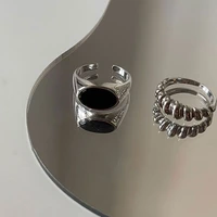 new fashionable personality 925 silver black agate ring for men and women twisted adjustable cold wind hip hop jewelry wholesale