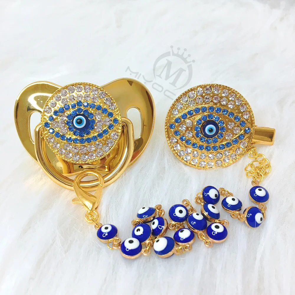 

MIYOCAR blue Bling evil eye pacifier and clip set pacifier chain holder bling colorful lovely evil eye pacifier AEYE-C