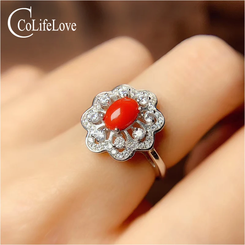 

CoLife Jewelry 925 Silver Coral Ring for Office Woman 5mm*7mm Natural Red Coral Silver Ring Real Italian Red Coral Jewelry