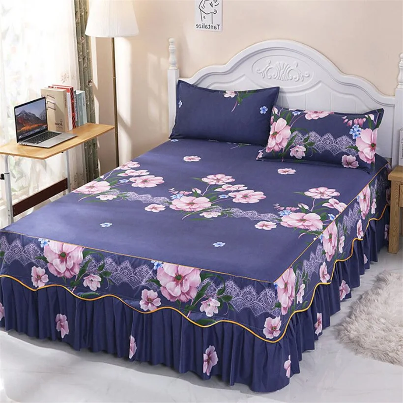 

3Pcs Bedding Sheet Bed Skirt Pillowcases Flower Printed Fitted Sheet Comfortable Single Queen King Size Bedspread Mattress Cover