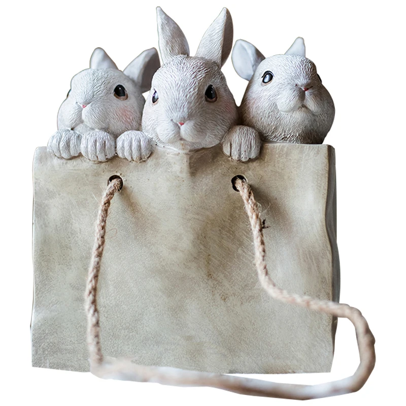 

Retro Resin Three Small White Rabbit Vase Pocket Rabbit Hemp Rope Flower Basket Flower Pot Home Decoration Accessories