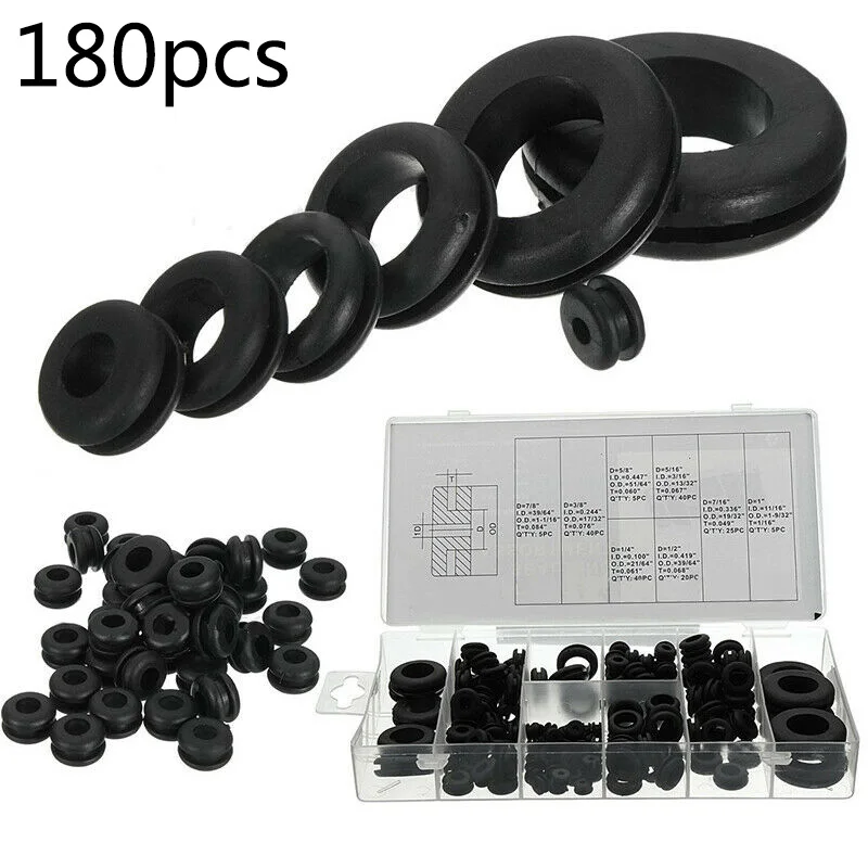 

180Pcs Black Cable Sealing Rubber Gaskets Washer Grommet Assortment Kit