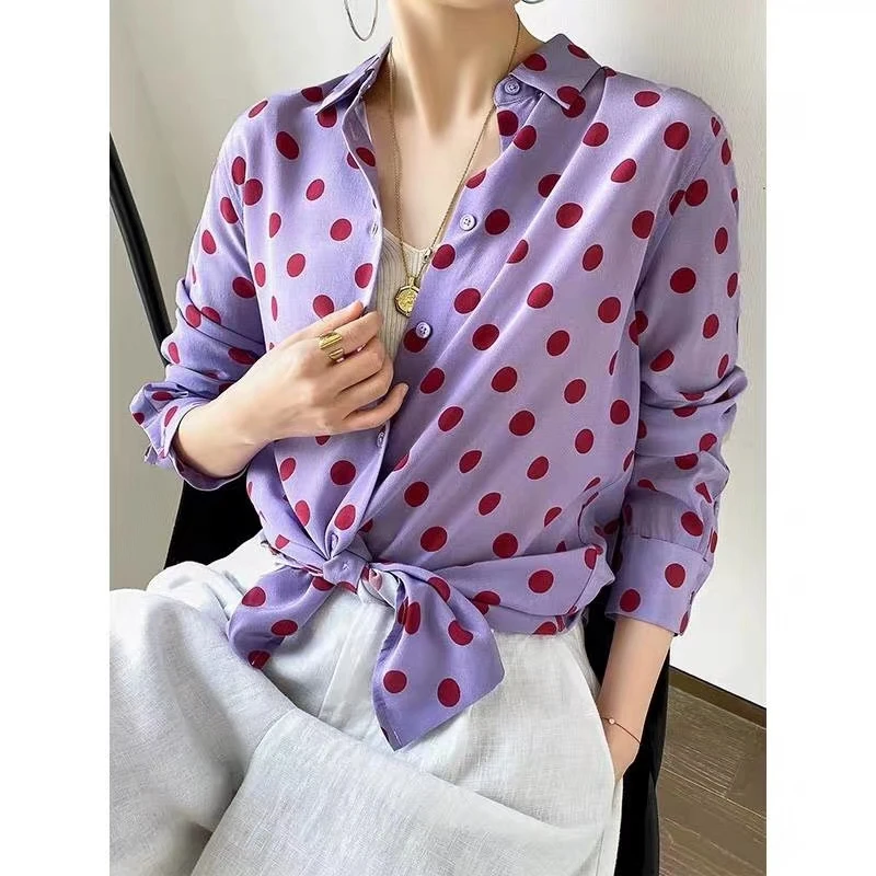 100% Шелковая фиолетовая женская рубашка в горошек с принтом винограда топы