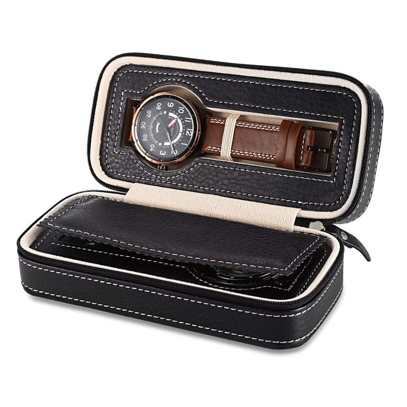 

2 Grids PU Leather Zipper Wristwatch Box (Black) & 2 Slots Carbon Fibre Watch Box Bag Display Zipper Case