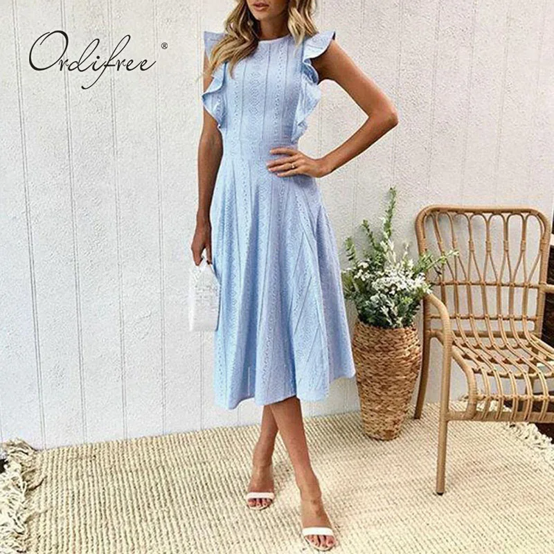 Ordifree 2021 летняя Элегантная Женская рюшами Вечерние платье без рукавов Кружевное