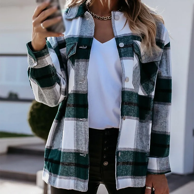 

Autumn Plaid Printed Women's Shirts Coat Long Sleeve Single Breasted Pocket Female Shirt 2021 New Streetwear Casual Lady Clothes