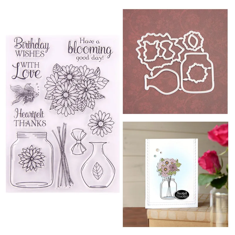 

Stamps and Dies 2020 Flower Vase Metal Cutting Dies with Clear Stamp for Scrapbooking Craft Paper Card Embossing Supplies