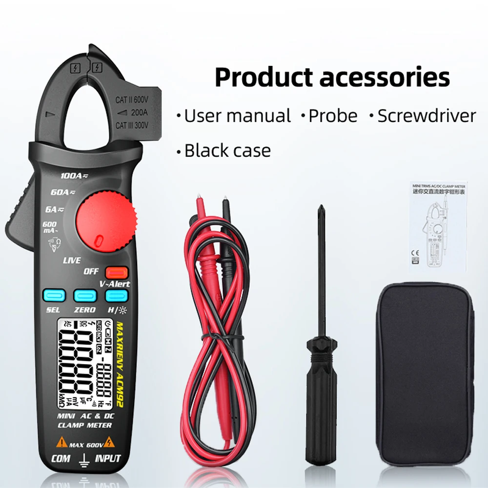 

ACM92 0.1mA DC/AC Clamp Meter True RMS 6000 Counts Portable Auto Ranging Multimeter Amp Voltage Frequency Resistance Live Check
