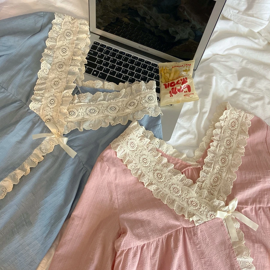 

CBAFU spring autumn pajamas set cotton sleepwear women home clothes long sleeve lacework tops pyjamas suit trousers cute M647