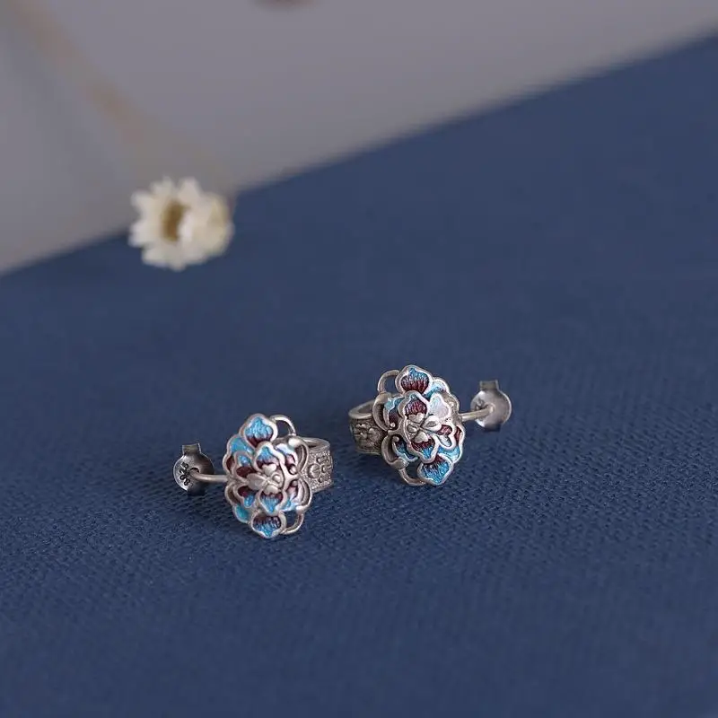

New Style Burnt Blue Earrings Female Retro Chinese Style Peony Cloisonne Temperament Earrings Jewelry Accessories