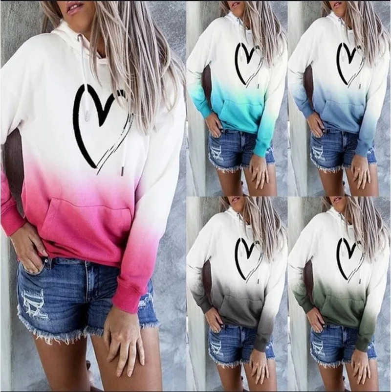 

2021 Harajuku Women Love Gradient Printed Long Sleeve Multicolor Hoodies Kawaii Winter Pattern Long Sleeve Hooded Sweatshirts