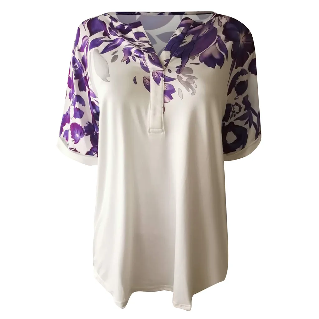 

Plus Size Fashion Print Blouse V-Neck Loose Tunic Tops Casual 2020 Summer Ladies Top Female Women Short Sleeve Blusas Pullover