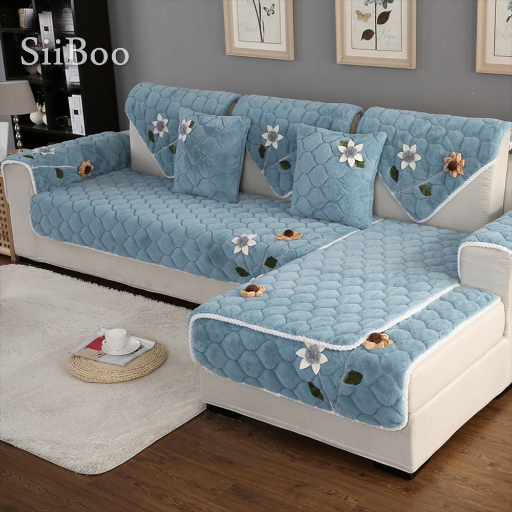 Корейский Цветочный Аппликация бежевый синий чехол для дивана плюшевый Длинный