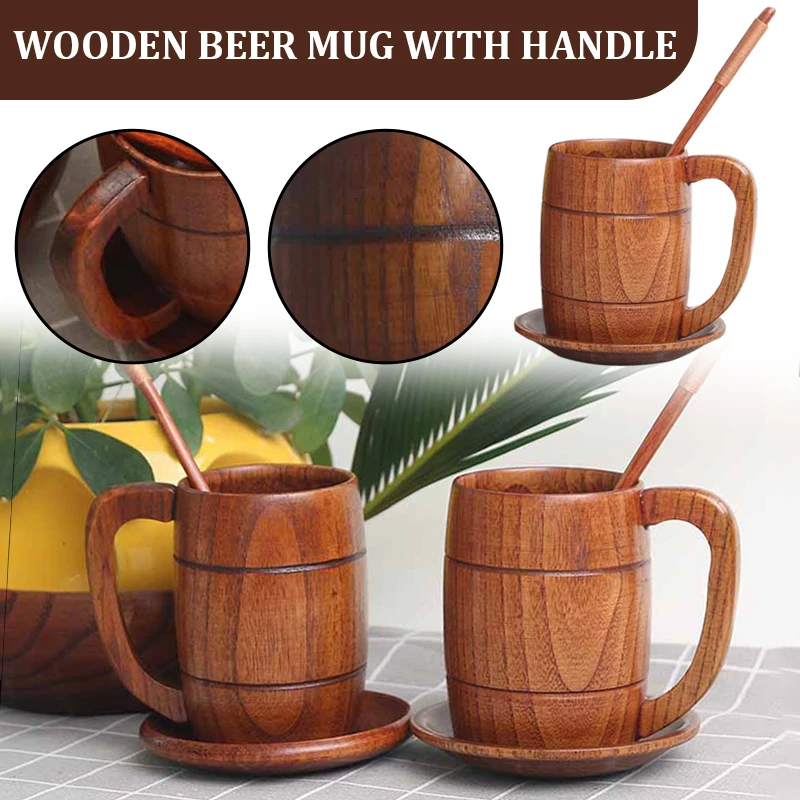 

Wooden Beer Mug with Handle Creative Handmade Tankard Cup Vintage Bar Accessories for Drinks Home Party DC156