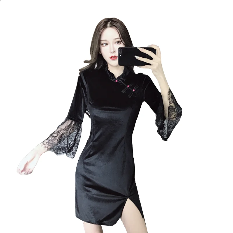 Фото Женское бархатное улучшенное платье Чонсам ZC2602 винтажное кружевное в стиле