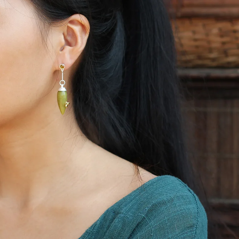 925 Pure silver Natural Stone Bee Drop Shaped Women's Earrings | Украшения и аксессуары