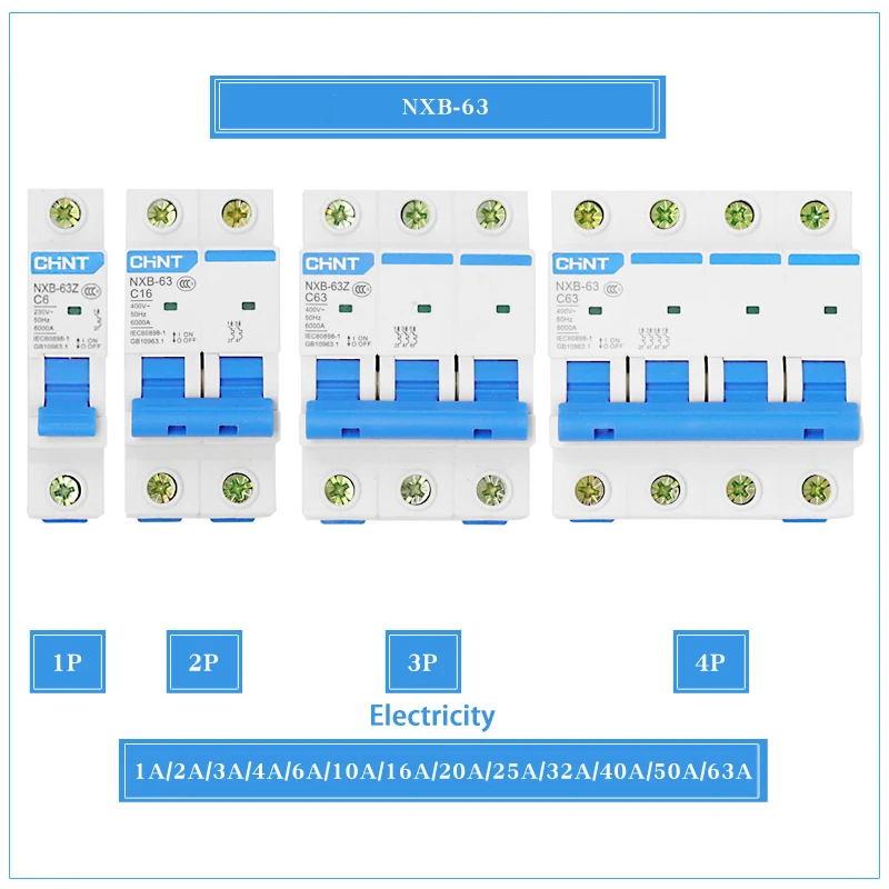 CHNT CHINT NXB-63 4P AC 230/400V Miniature Circuit Breaker C 6 10 16 20 25 32 40 63A Overload Protector DZ47 Style Air Switch |