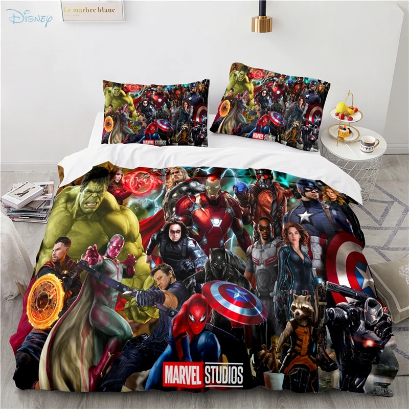 Marvel Avengers ชุดเครื่องนอนการ์ตูน Super Hero Captain America Iron Man Spider Man ชุดผ้าคลุมเตียงปลอกหมอนของขวัญ