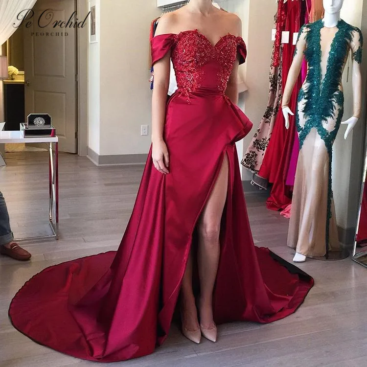 

PEORCHID Off Shoulder Burdungy Evening Dress Beaded Lace Long Arabic Elegant Avondjurk Ladies Formal Gown Party Wear