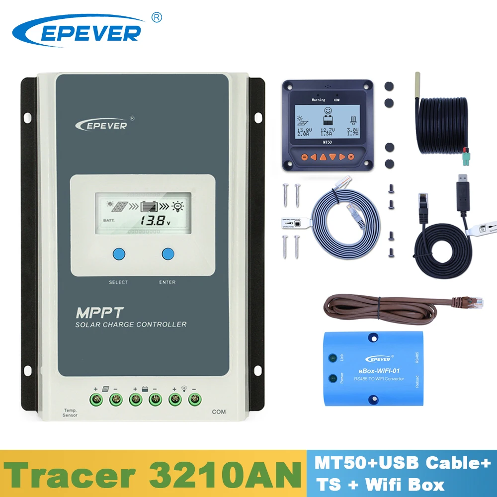 

Контроллер солнечной батареи EPever, 30A 12V24V регулятор MPPT с дисплеем MT50/usb-кабелем/датчиком температуры/Wi-Fi