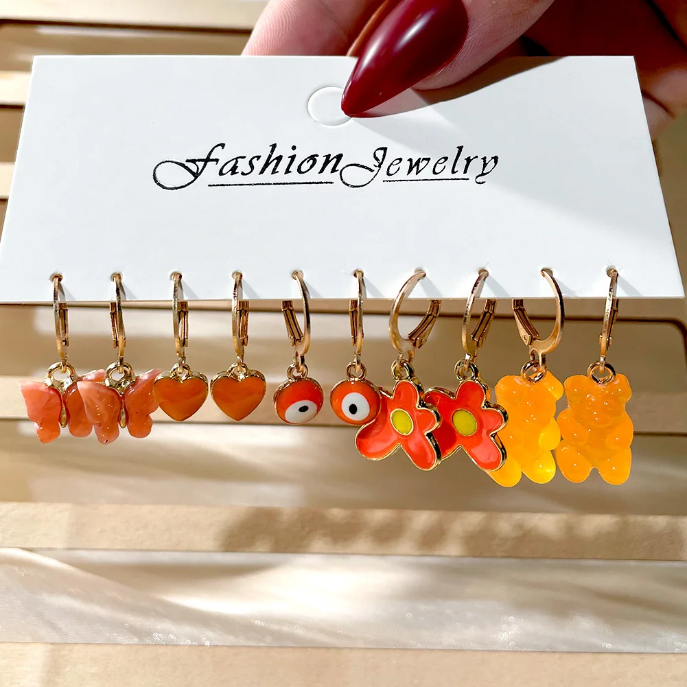 Серьги-кольца в виде медведя из смолы карамельных цветов для женщин набор