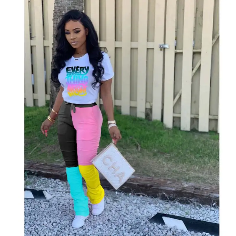 

Color Block 2 Piece Outfits for Women Short Sleeve O-neck Top T-shirt & Draw String High Waist Bodycon Pleated Pant Suits