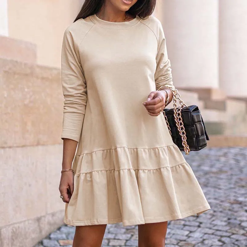 

Ruffles Women's Dress Autumn Long Sleeve Casual Dresses for Women 2021 Mini O-Neck Solid Ladies Female Dress Woman Robe