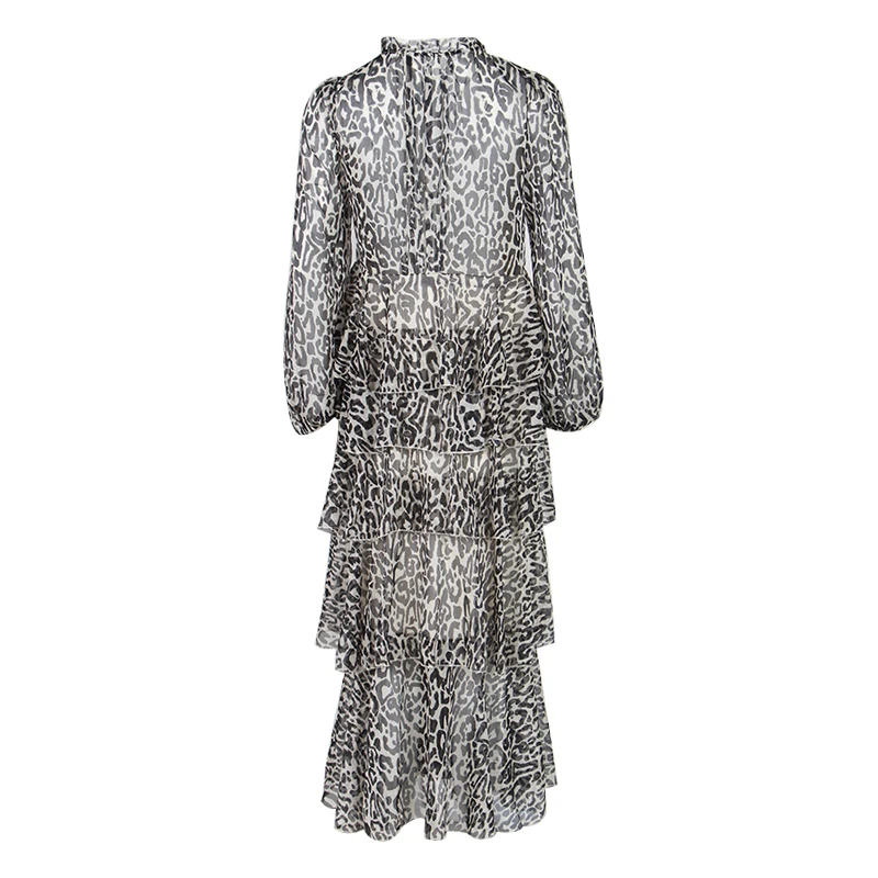 TWOTWINSTYLE, летнее леопардовое платье для женщин, v-образный вырез, длинный рукав, высокая талия, тонкие оборки, длина до лодыжки, платья, женская мода