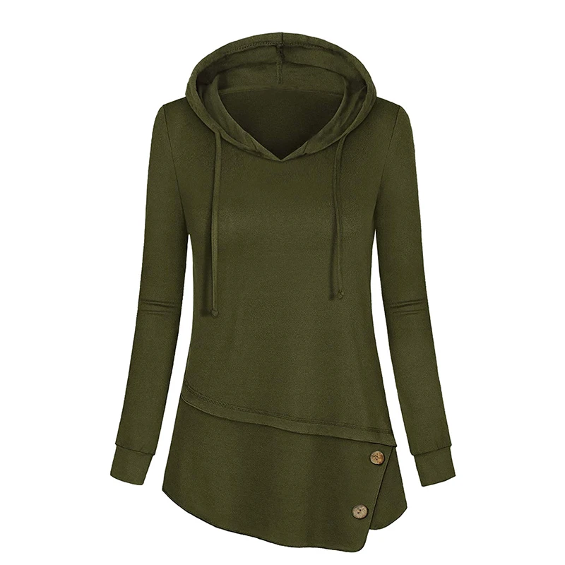 

Buttons Irregular Hem Women Hoodies Full Sleeve Lace Up Hooded Pullovers Mid-Length Solid Color Casual Female Sweatshirts