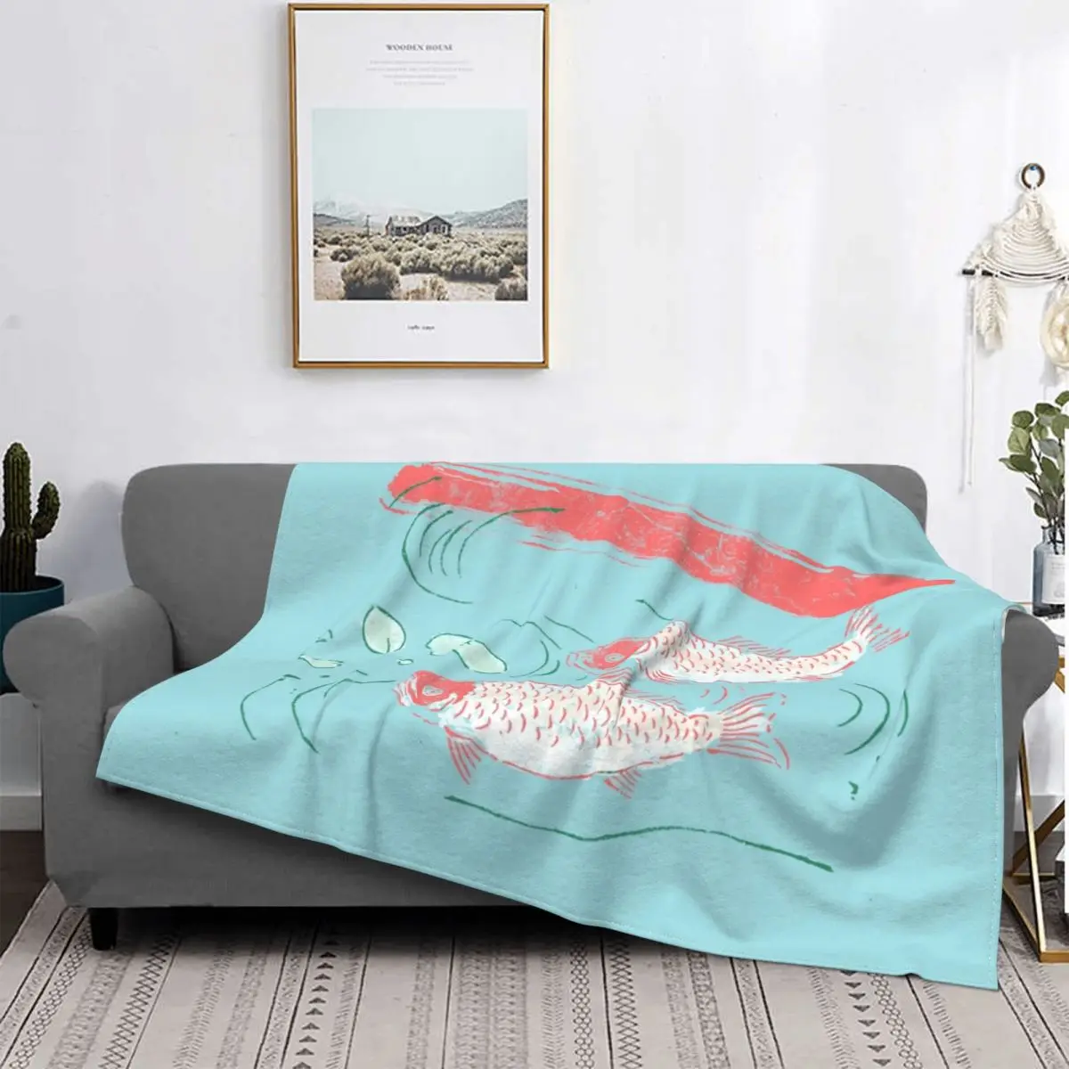 

Japanese Fish Painting Blanket Hippie Boho Themed Plush Warm Decoration Flannel Fleece Throw Blankets For Bedding Cover Bedroom