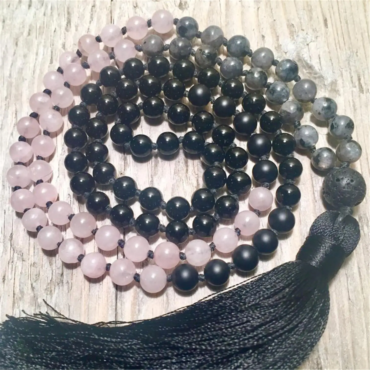 

8mm Rose Quartz Labradorite 108 Beads Tassel Mala Necklace Yoga Religious Retro Buddhism Japa Spirituality Wristband Prayer