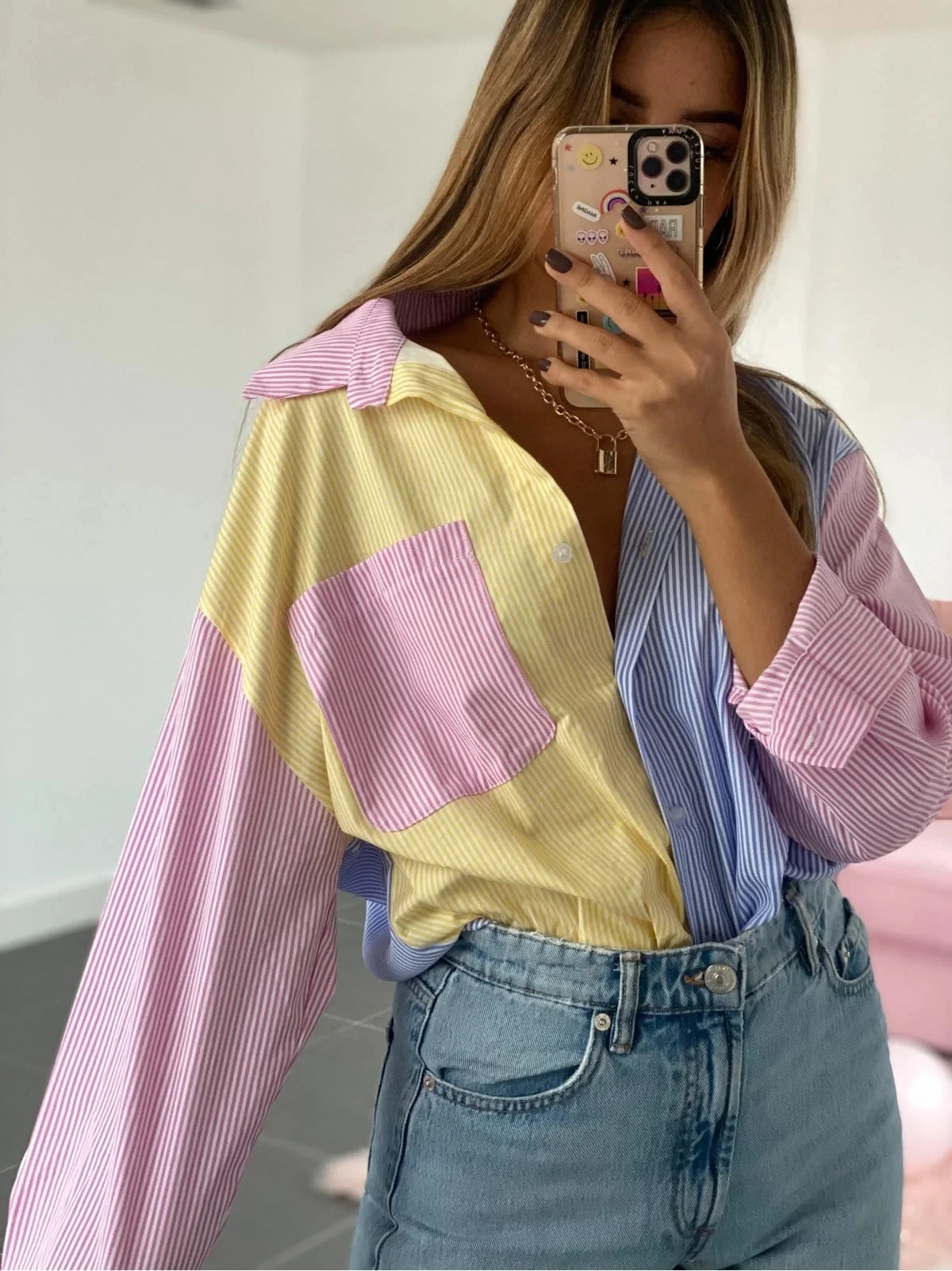 

JUNWU Summer Color Vertical Stripes Stitching Pocket Lapel Loose Jacket Single-Breasted Long-Sleeved Shirt Casual Za Street