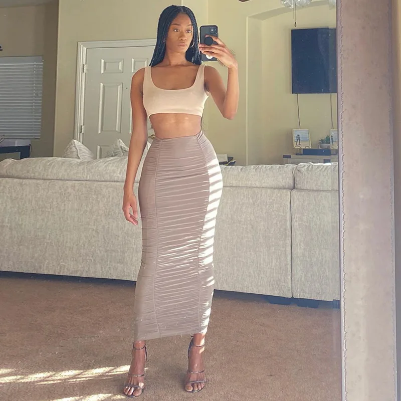 Женская свободная серая длинная юбка с высокой талией плиссированная облегающая