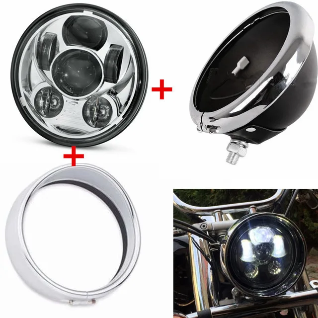 silver set 1 Мотоцикл 5-3/" светодиодный круглый налобный фонарь для Harley Sportster 1200 XL хром 5,75 дюймов H4 светодиодный налобный фонарь для мотоцикла - Цвет: silver set 1