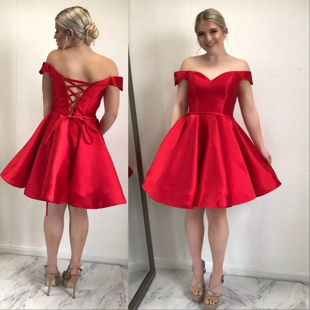 

Off The Shoulder Red Homecoming Dresses 2021 Knee Length A-Line Backless Satin Simple Cheap Party Prom Gown With Lace-Up Back