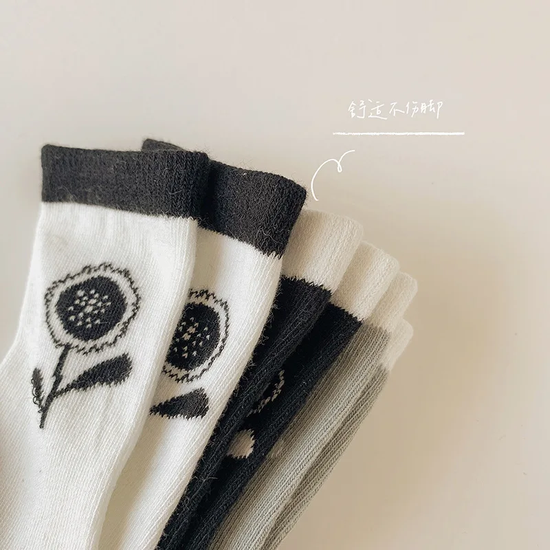 Calcetines con flores coreanas para ni&ntilde;os y ni&ntilde;as, medias de algod&oacute;n para estudiantes, primavera y oto&ntilde;o, 3 pares-3