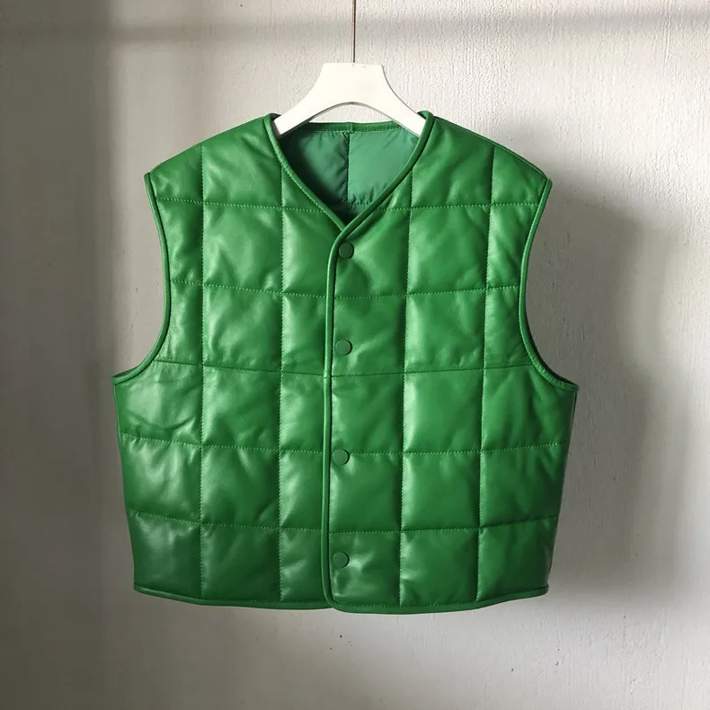 

Winter Women's High Quality Designer Sheepskin Genuine Leather Plaid Down Vests C956
