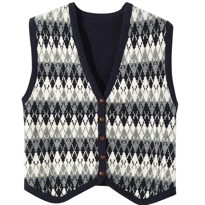 

Retro jacquard V-neck knitted vest for women autumn / winter 2020 new loose and versatile Sweater Vest