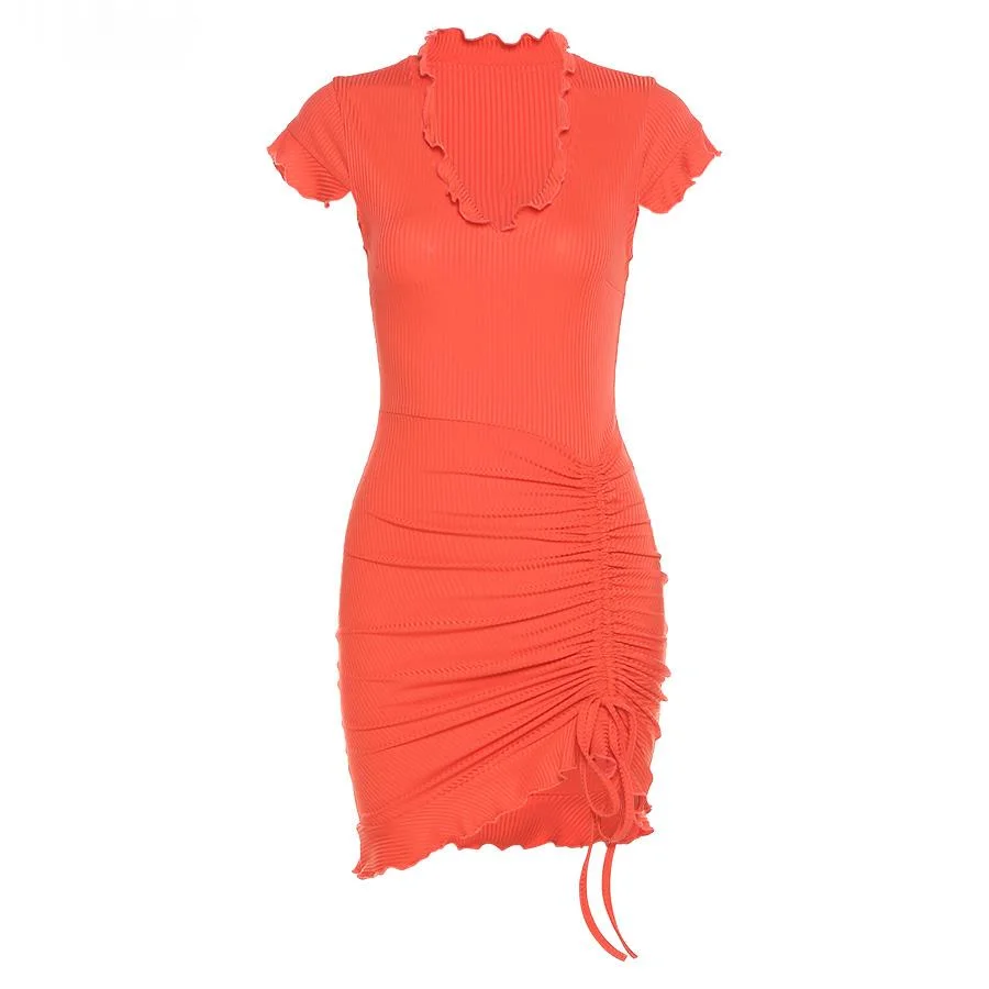 

Solid Drawstring Summer 2021 Dress For Women Sexy V-Neck Sleeveless Skinny Slim Bandage Mini Dresses Female