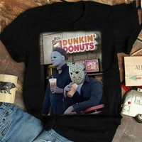 michael myers and jason voorhees drink dunkin%e2%80%99 donuts halloween shirt summer style tee shirt