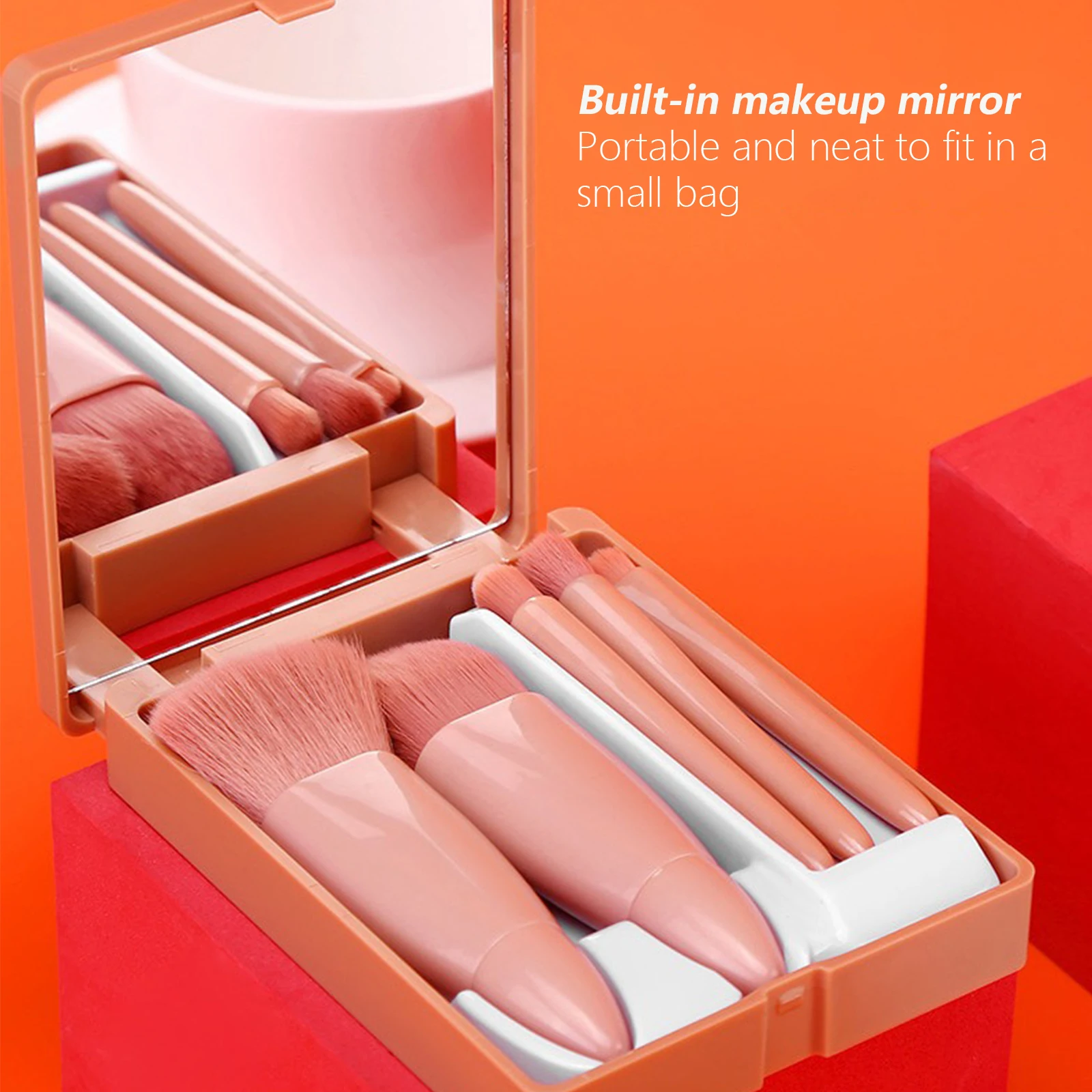 

5pcs Mini Travel Makeup Brush Set Portable Storage Box with Mirror Giant Soft Loose Powder Blush Eye Shadow Cosmetic Brushes
