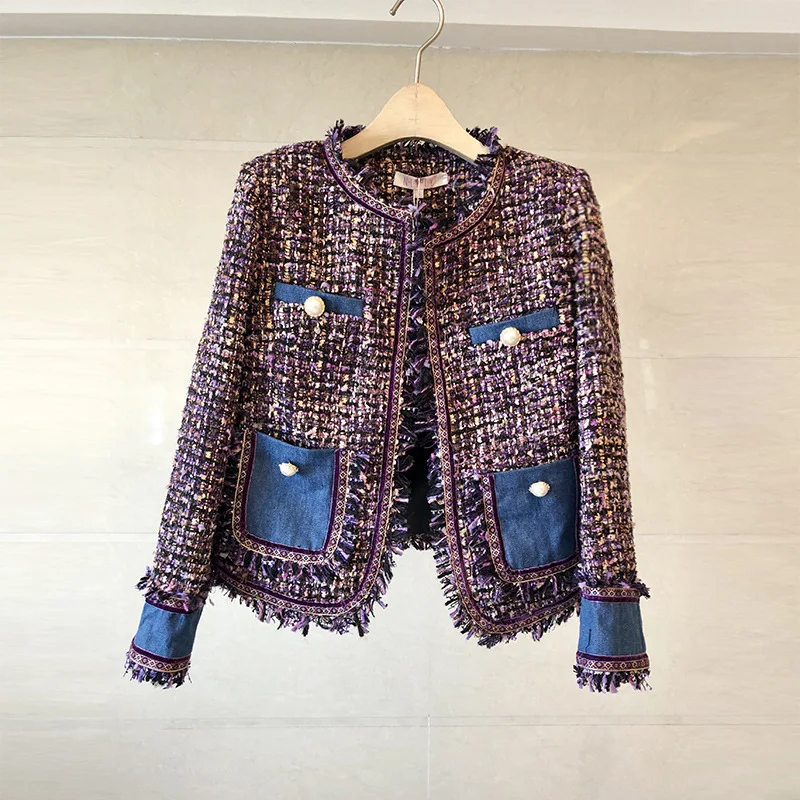 

Женское твидовое пальто с круглым вырезом, короткая джинсовая куртка составного кроя на пуговицах с бахромой, Y186, Осень-зима 2021