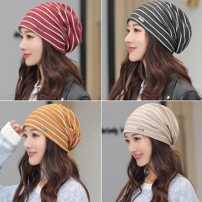 Женские вязаные шапки с капюшоном Calymel теплые хлопковые в полоску 5 цветов