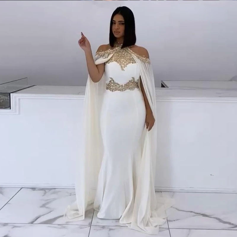 

Mermaid Evening Dresses 2021 Halter Beaded White and Gold Cape Arabic Dubai Formal Long Elegant Prom Party Gowns
