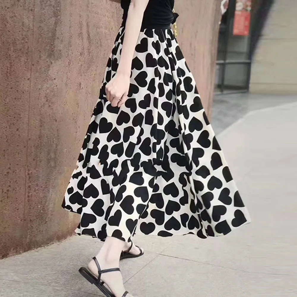 

Skirt 2021 New Maxi One Piece Heart Pattern A-Line Skirts Floral Pattern Ladies Fashion OL Commuting Mid Waist Skirt Casual Slim