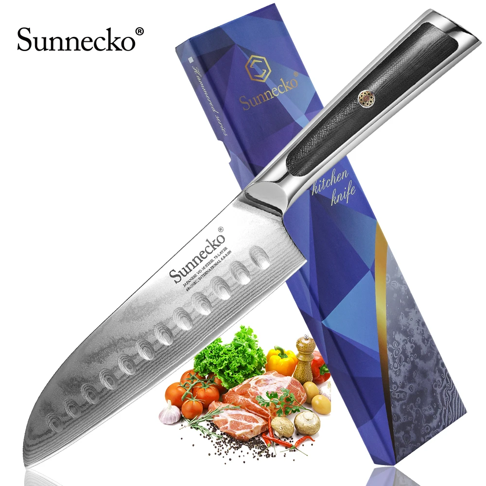 

Sunnecko 7" inch Japanese VG10 Steel Blade Santoku Knife Razor Sharp G10 Handle Damascus Kitchen Knives Chef's Cooking Cut