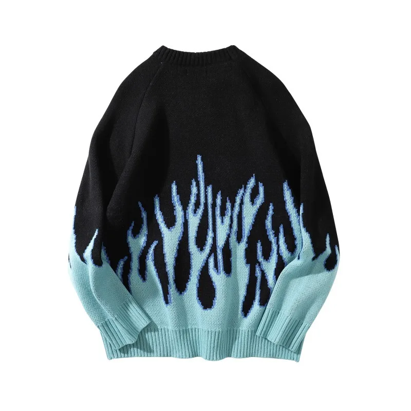 

Sweater Men Streetwear Retro Flame Pattern Hip Hop Autumn New Pull Over Spandex O-neck Oversize Couple Casual Men's Sweaters