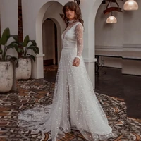 high neck wedding dress 2021 full sleeves lace appliques long sweep train illusion bridal gowns for custom made elegant summer