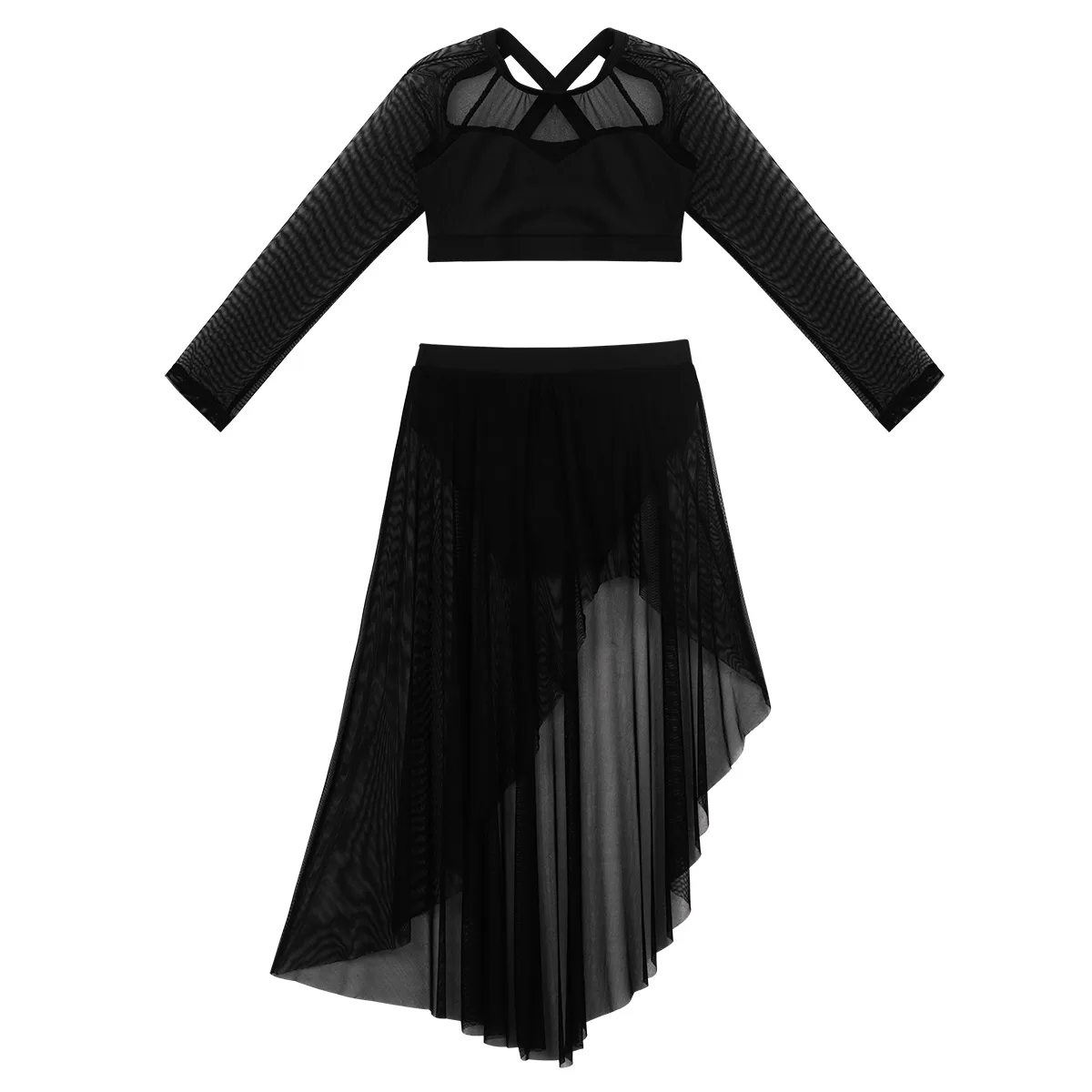 Kids Tulle Long Sleeve Crop Top with Skirt Set Gymnastics Leotard Ballet Dress Dancewear Stage Performance Lyrical Dance Costume |