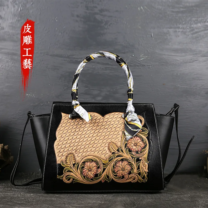 

Antique handbag autumn 2021 new leather embossed leather female head layer cowhide shoulder bag